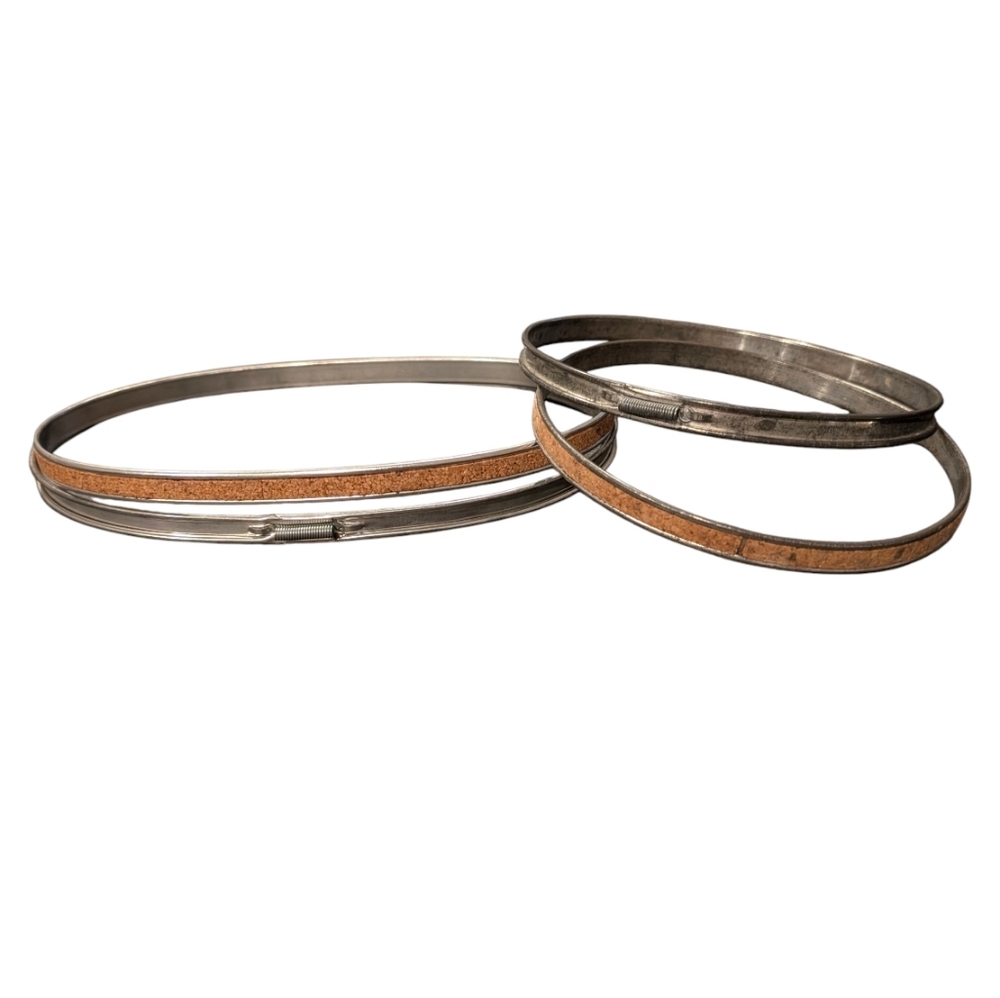 (2) Vintage Metal, Spring, Cork Lined Embroidery Hoops. 6" Circle. 9" Oval.